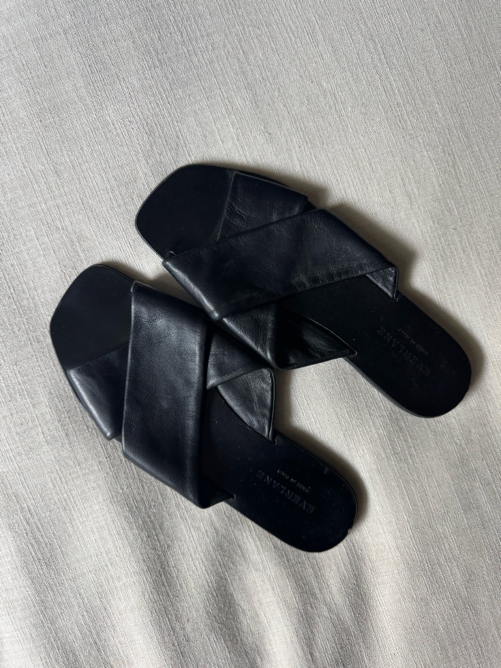 Everlane Black Leather Crisscross Slide Sandals